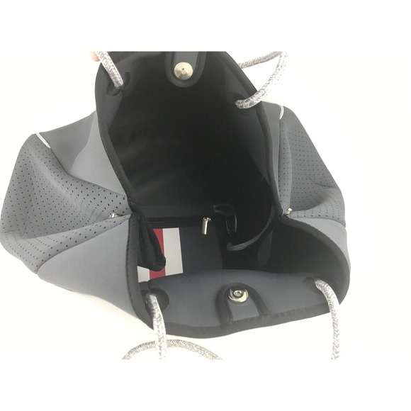 QOGIR Gray Neoprene Tote Bag Red White Stripe‎ Beach Travel Zipper Pouch - Picture 10 of 16